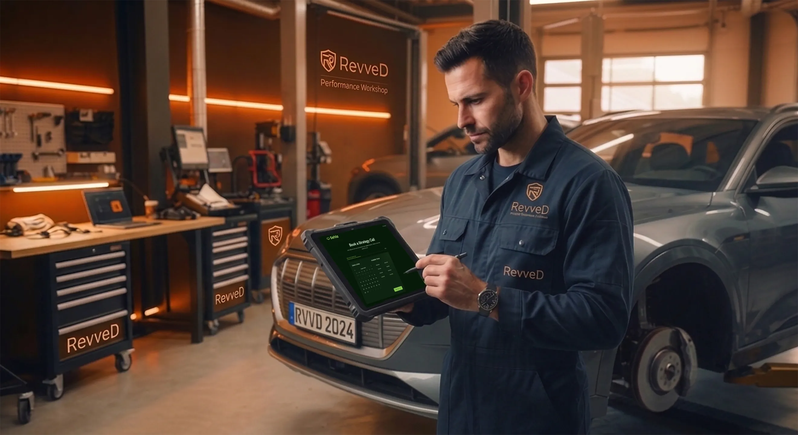 A professional mechanic working in a clean, brightly lit, modern auto repair shop, focused on a tablet.